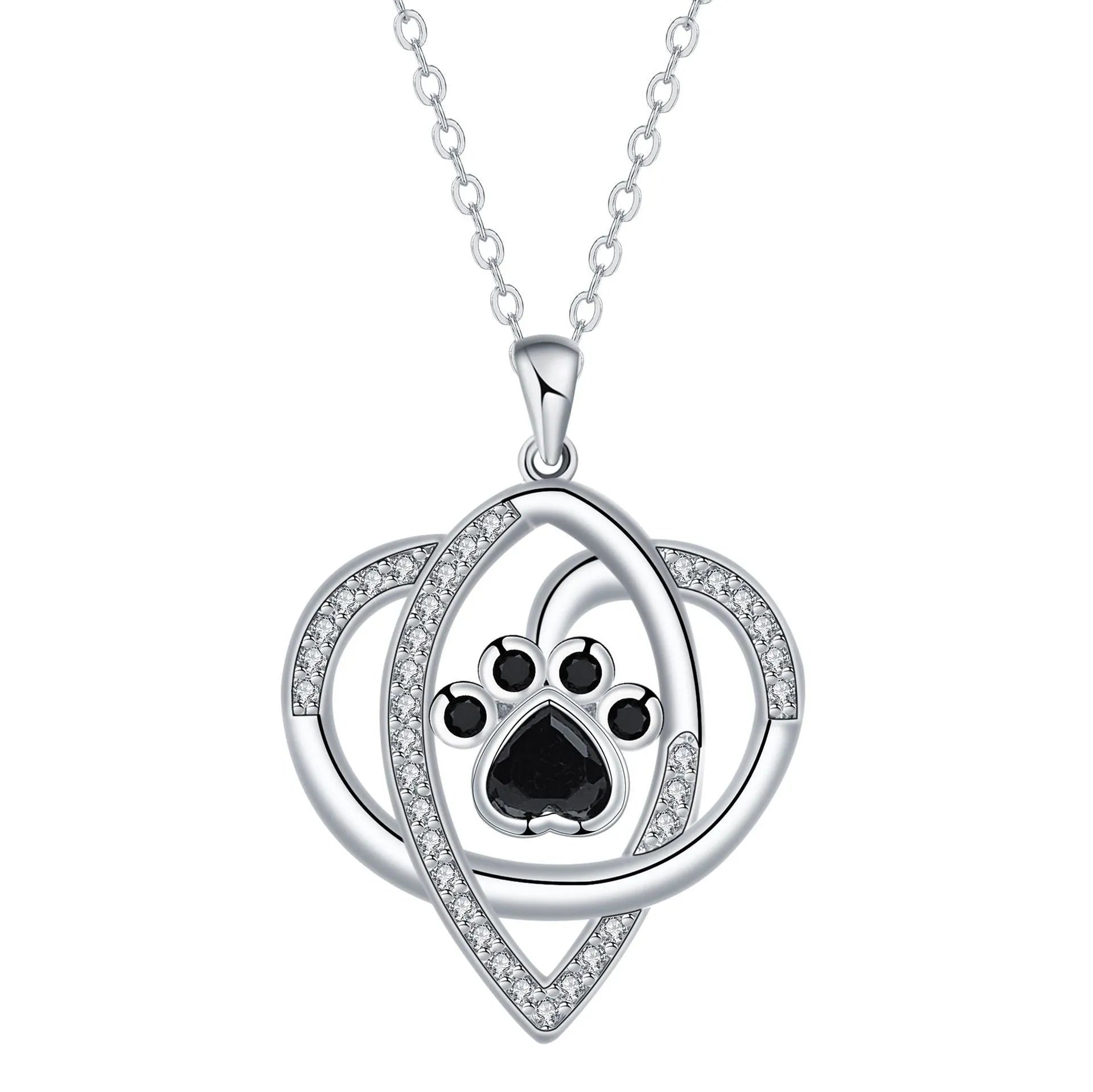 Light gold necklace with a pendant showing raised dog and cat paw prints on a cross chain.