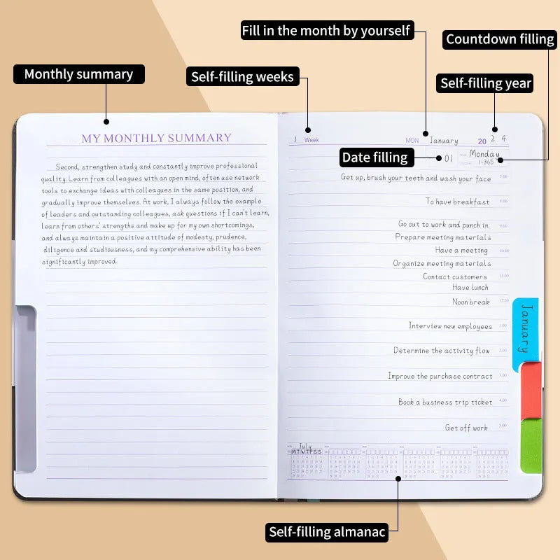 Open no-date notebook with thread binding, showing 80g wood-free paper and planning stickers on a purple PU leather cover.