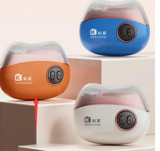 Blue, orange, and white electric nail clipper and polisher with USB-C charging cable and cleaning brush.