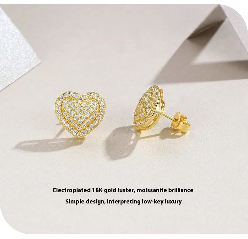 S925 silver moissanite heart-shaped stud earrings with gold plating