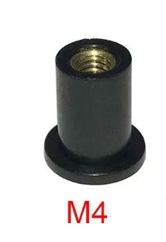 Ten black rubber well nut fasteners with brass inserts for motorcycle windshield mounting, showing M4 M5 M6 sizes.