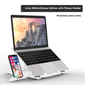 Black ABS plastic laptop bracket with 300x200mm support area on wooden desk