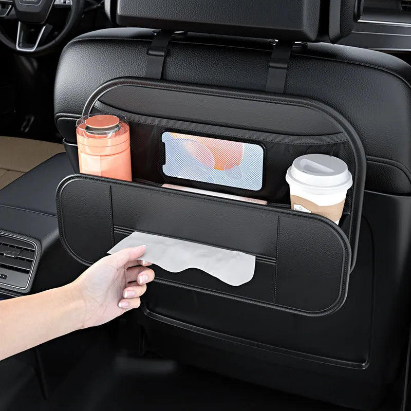 Black leather car seat rear storage bag with adjustable straps showing 36cm organisable space