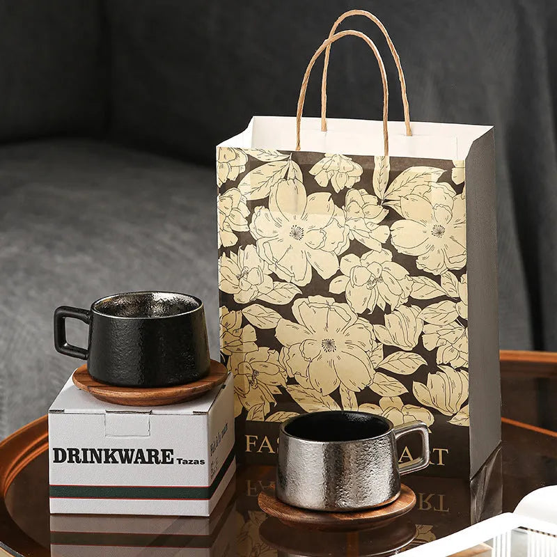 Ceramic coffee tumbler cup with gold-plated gift box and bag, 250ml capacity office gift set.