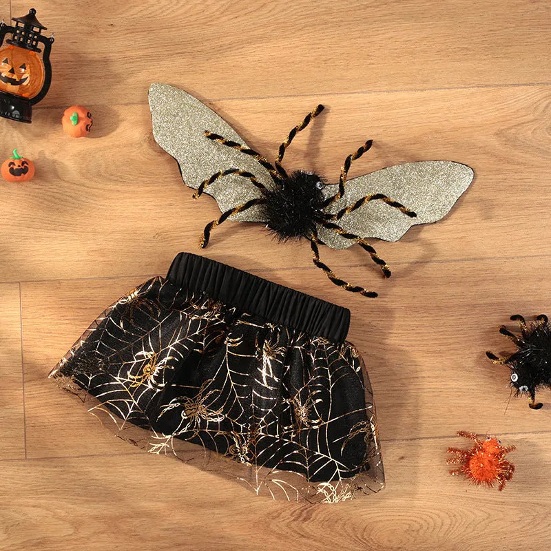 Halloween dog costume suit in polyester fabric shown on a pet, available in sizes S, M, L, and XL