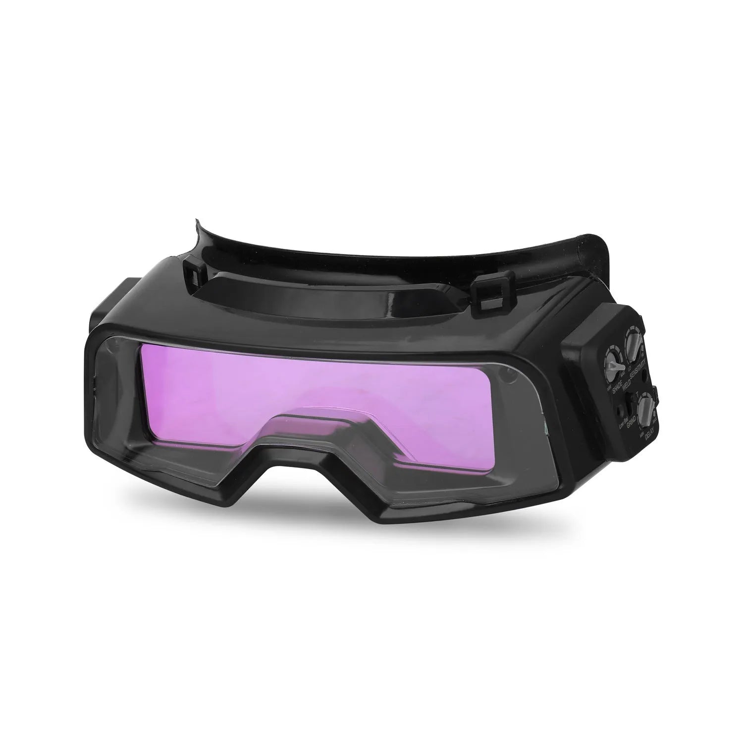 Black automatic darkening welding mask with large viewing window and dual arc sensors