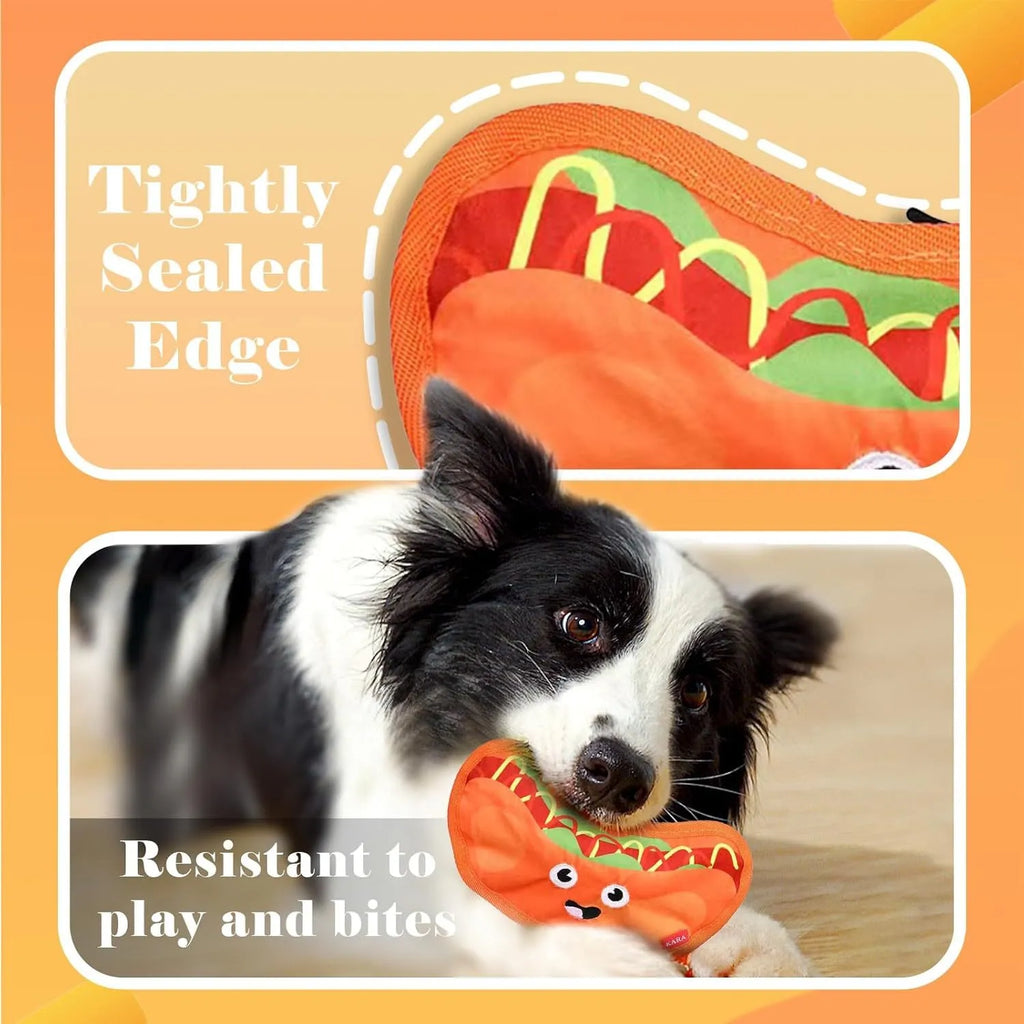 Hamburger-shaped crinkle and squeaky dog toy with vivid colours