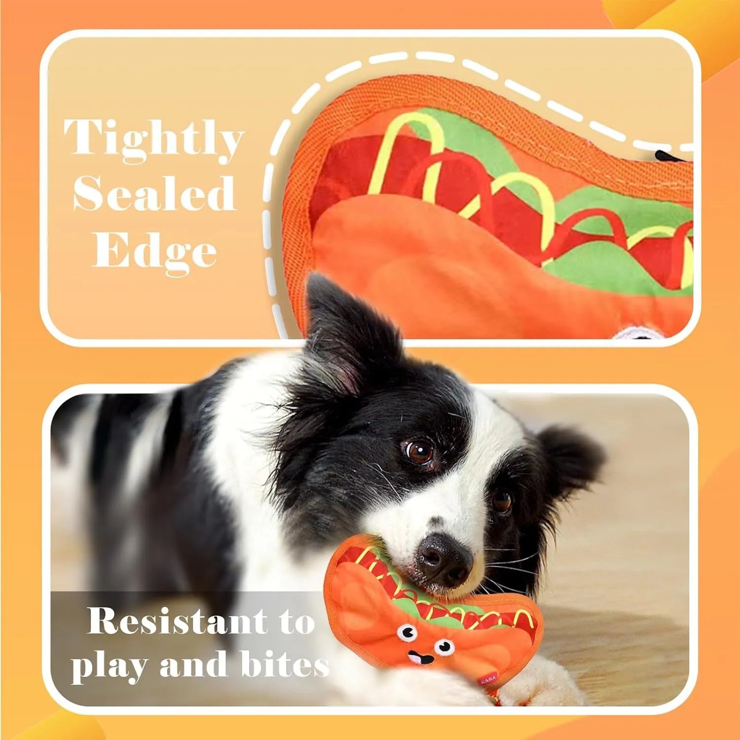 Hamburger-shaped crinkle and squeaky dog toy with vivid colours