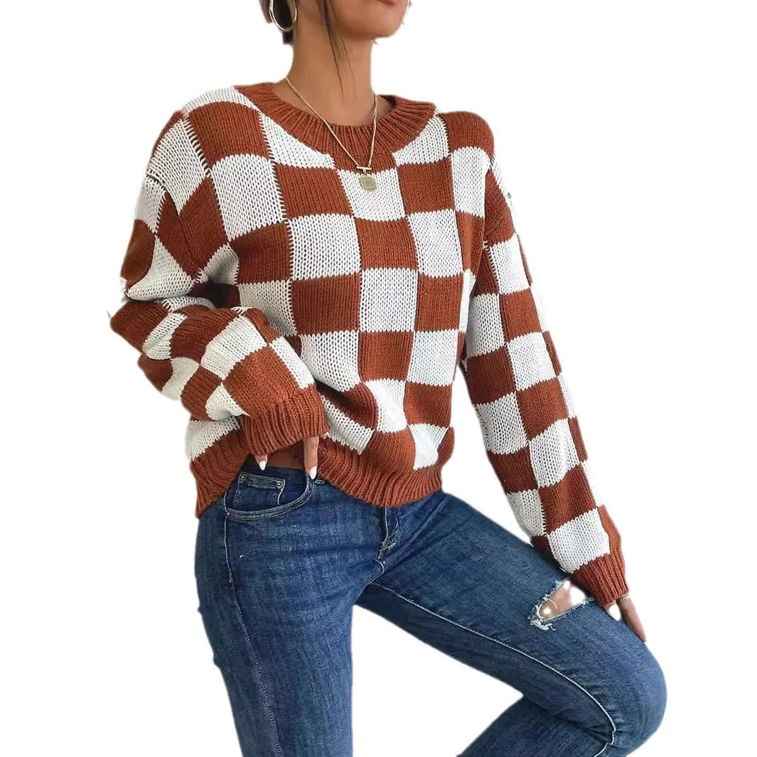 Dark brown plaid acrylic women's sweater with loose fit and round neck