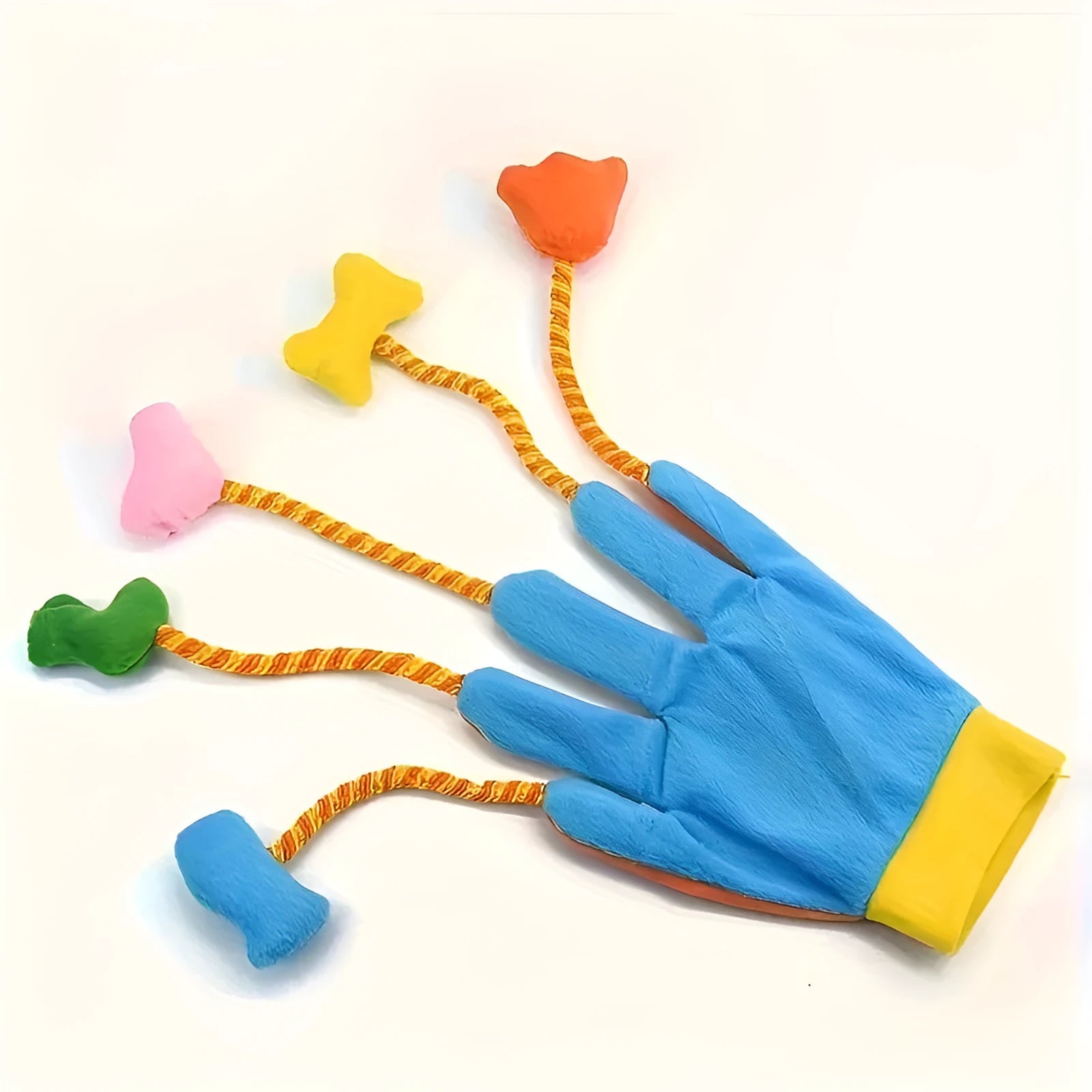 Yellow blue plush cat toy with bell and trailer measuring 40 cm