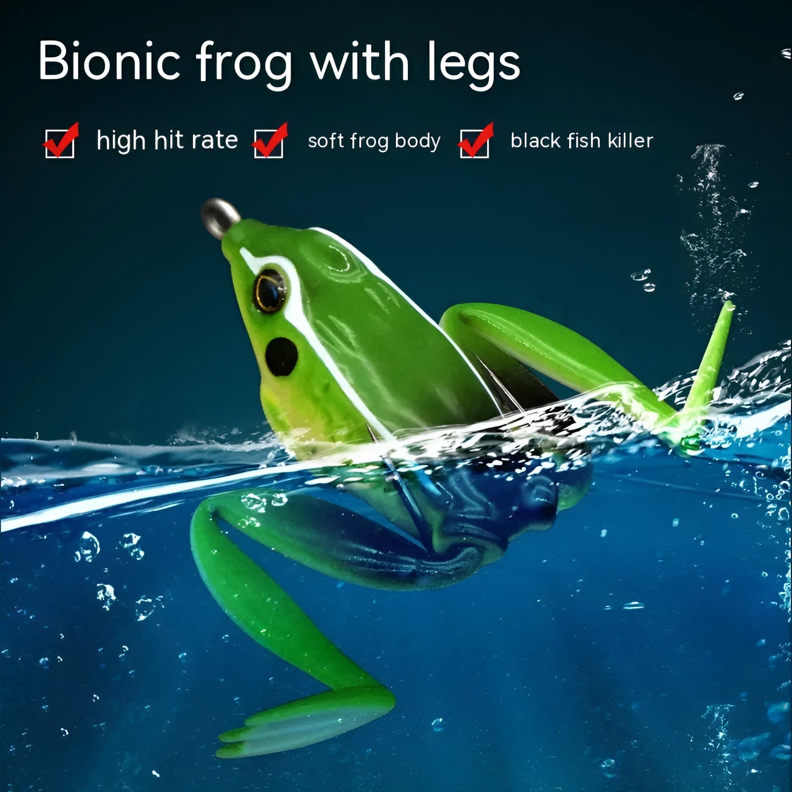 Bionic Real Thunder Frog Snake Head double hook fishing bait in grass green and black yellow dots colours