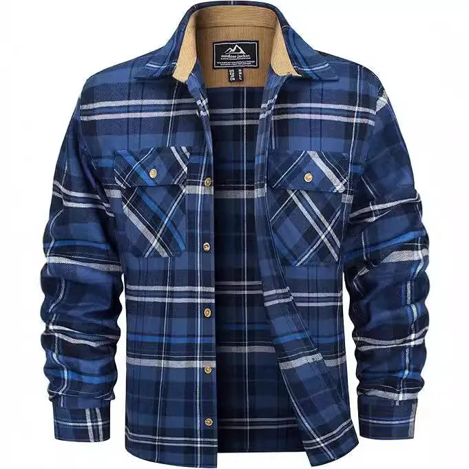 Man wearing a plaid flannel button-down shirt in a cardigan style for winter casual wear.