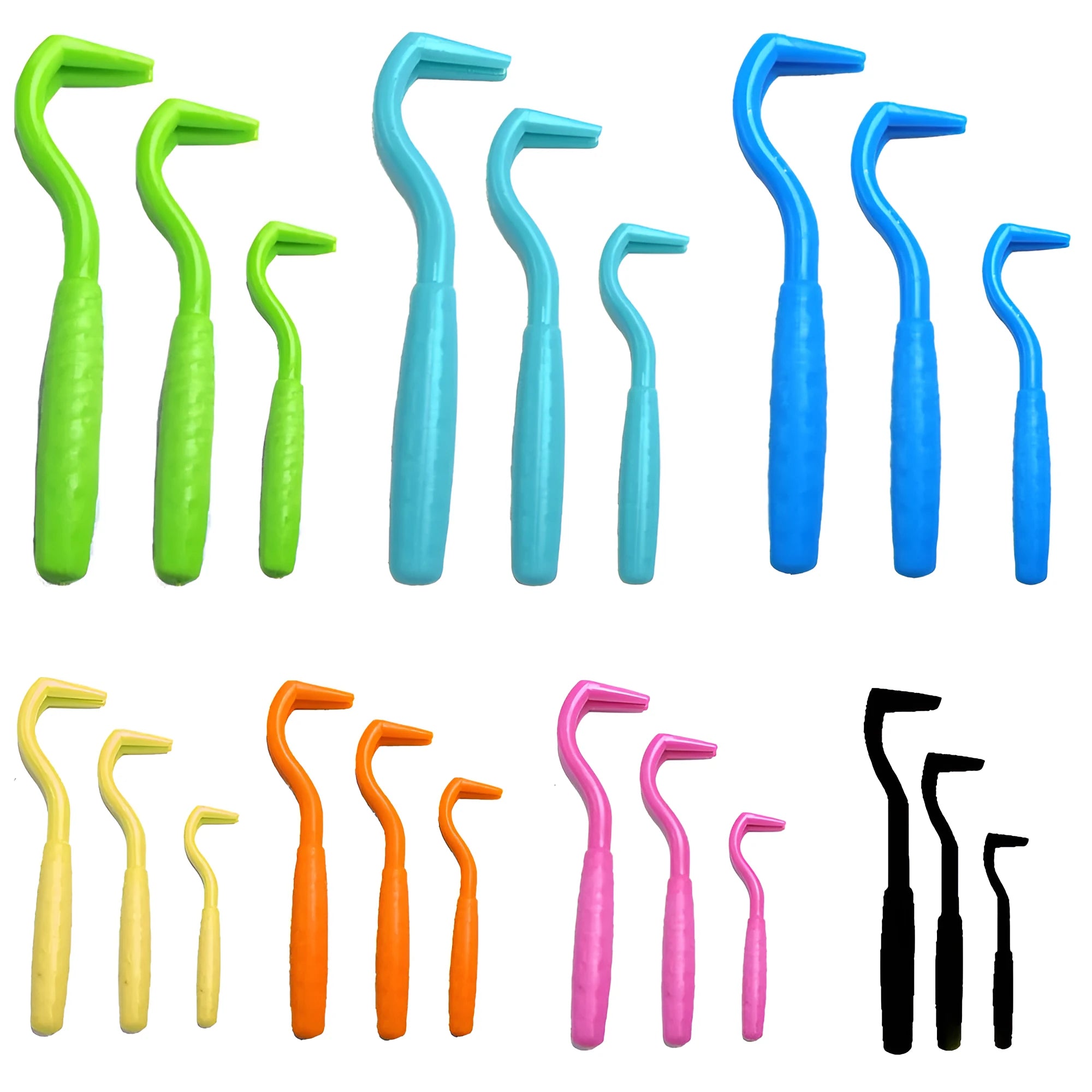 Set of three coloured pet tick removal hooks for dogs on a white background.