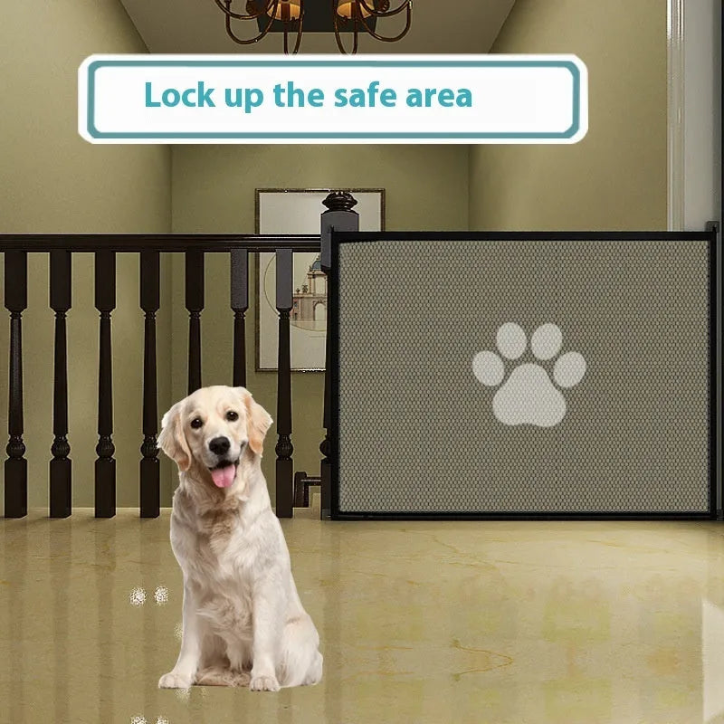 Folding dog barrier net fence with pet doorsill pattern, shown in doorway setting