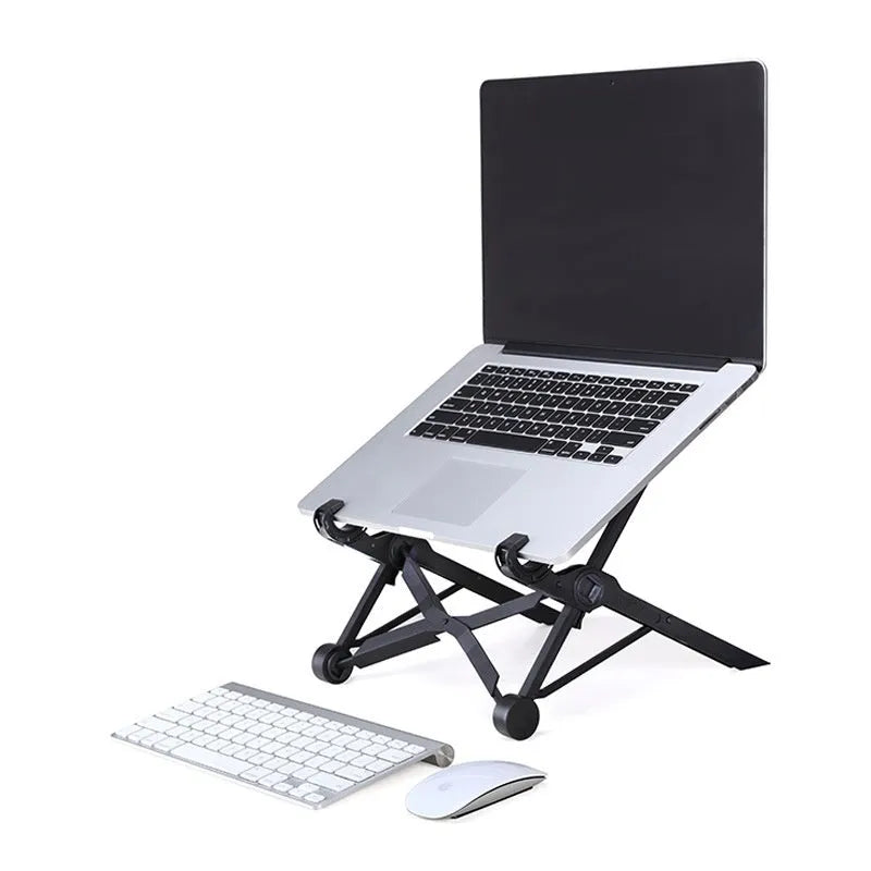 Sagacious black portable folding laptop bracket measuring 40cm wide with carrying case