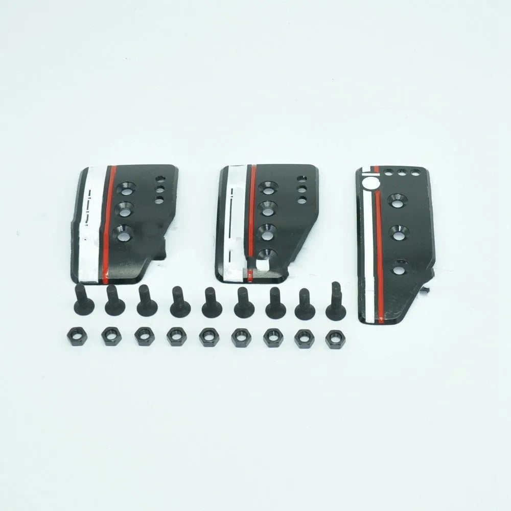 Aluminium alloy manual transmission car pedal set showing accelerator, brake, and clutch pedals with screws and nuts.