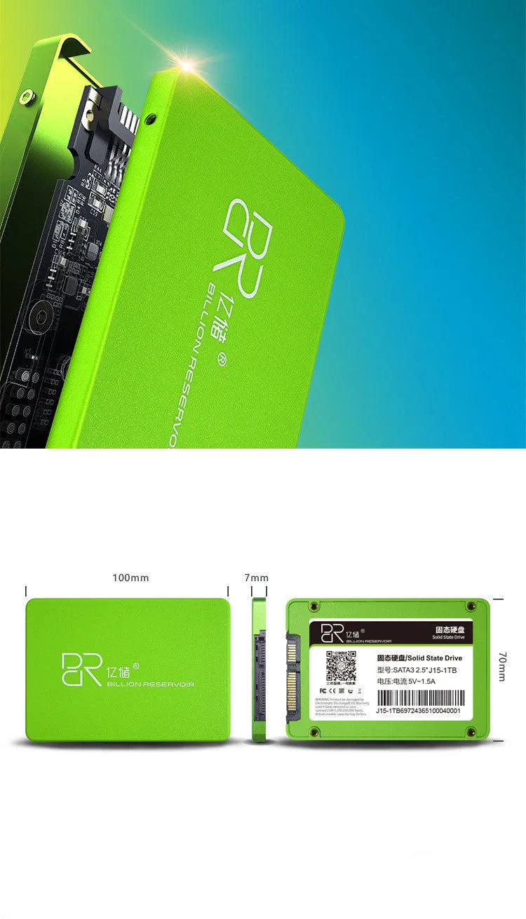 2.5-inch SATA solid state drive with black plastic enclosure showing capacity options