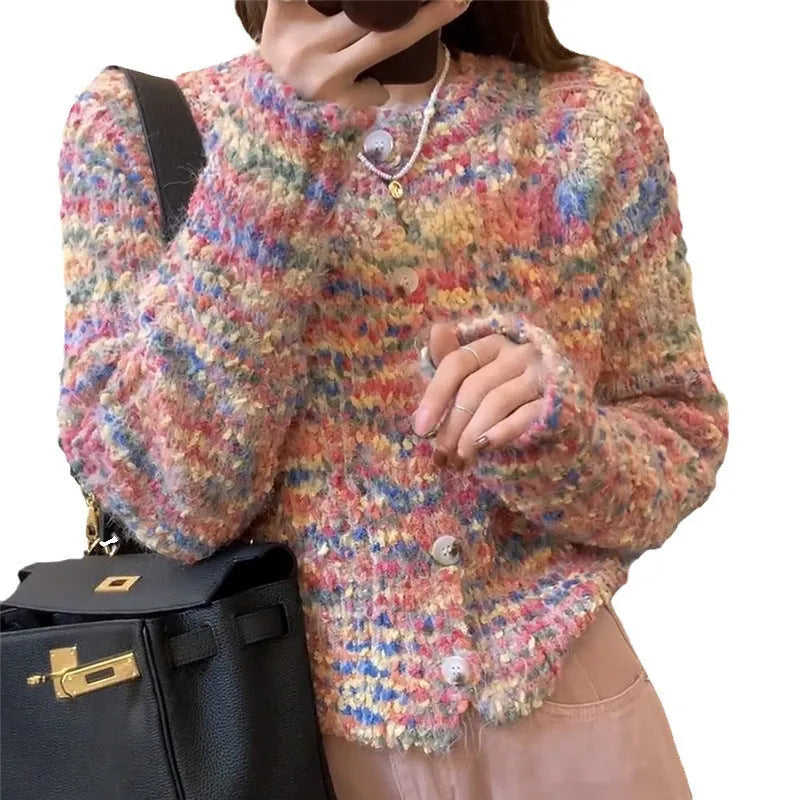 Retro gentle idle style knitted rainbow sweater cardigan in pink or green ice cream colours