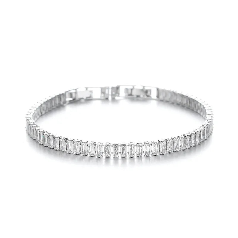 Geometric rectangular brass bracelet with zircon inlays in champagne gold or silver colour