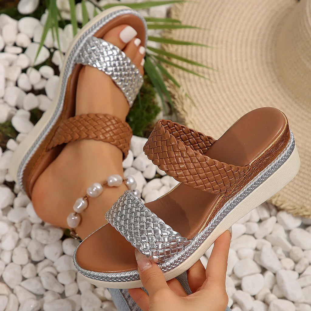 Gold wedge sandals for women in plus sizes with PU upper and rubber sole