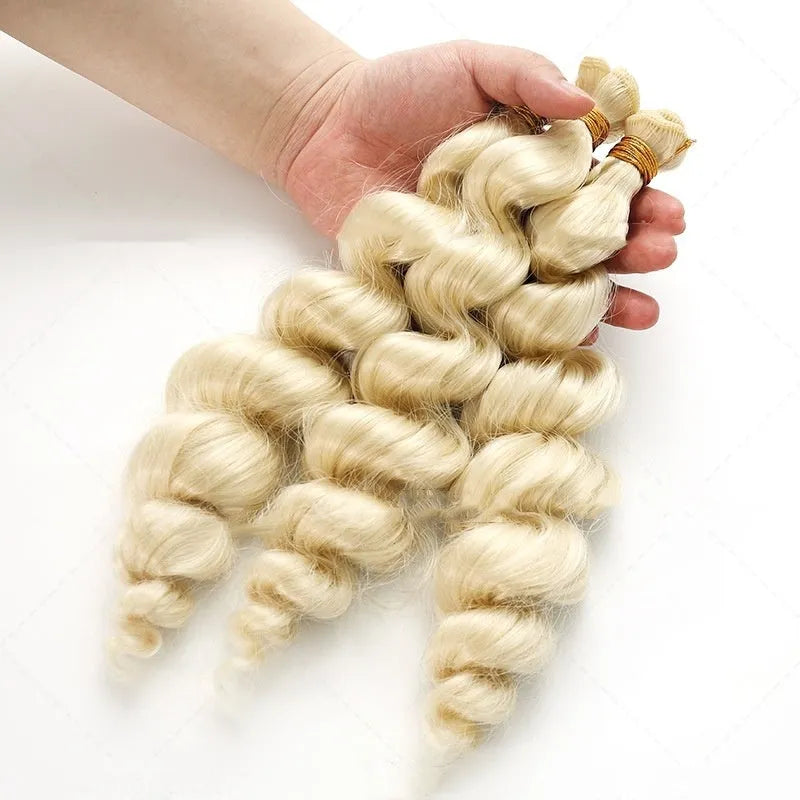 Golden synthetic hair weft wig for women shown in 18, 20 and 22 inch lengths