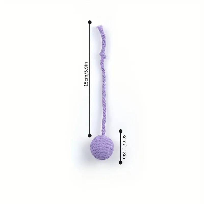 Colourful cat toy ball with attached rope and internal bell for interactive feline play
