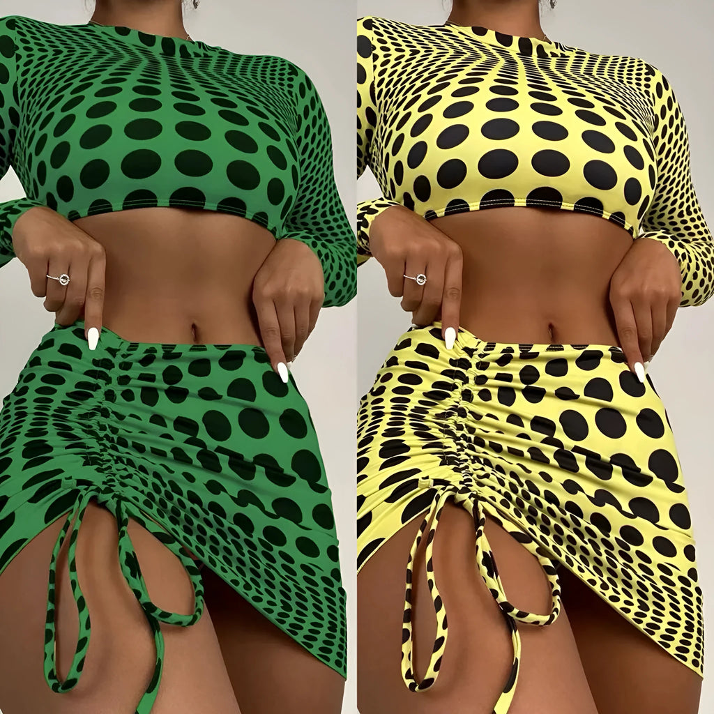 Green and yellow polka dot women's swimsuit three-piece set including top, skirt, and bra.