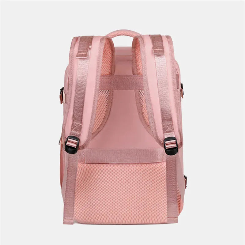 Large capacity travel backpack in purple with multiple compartments and air pillow belt system