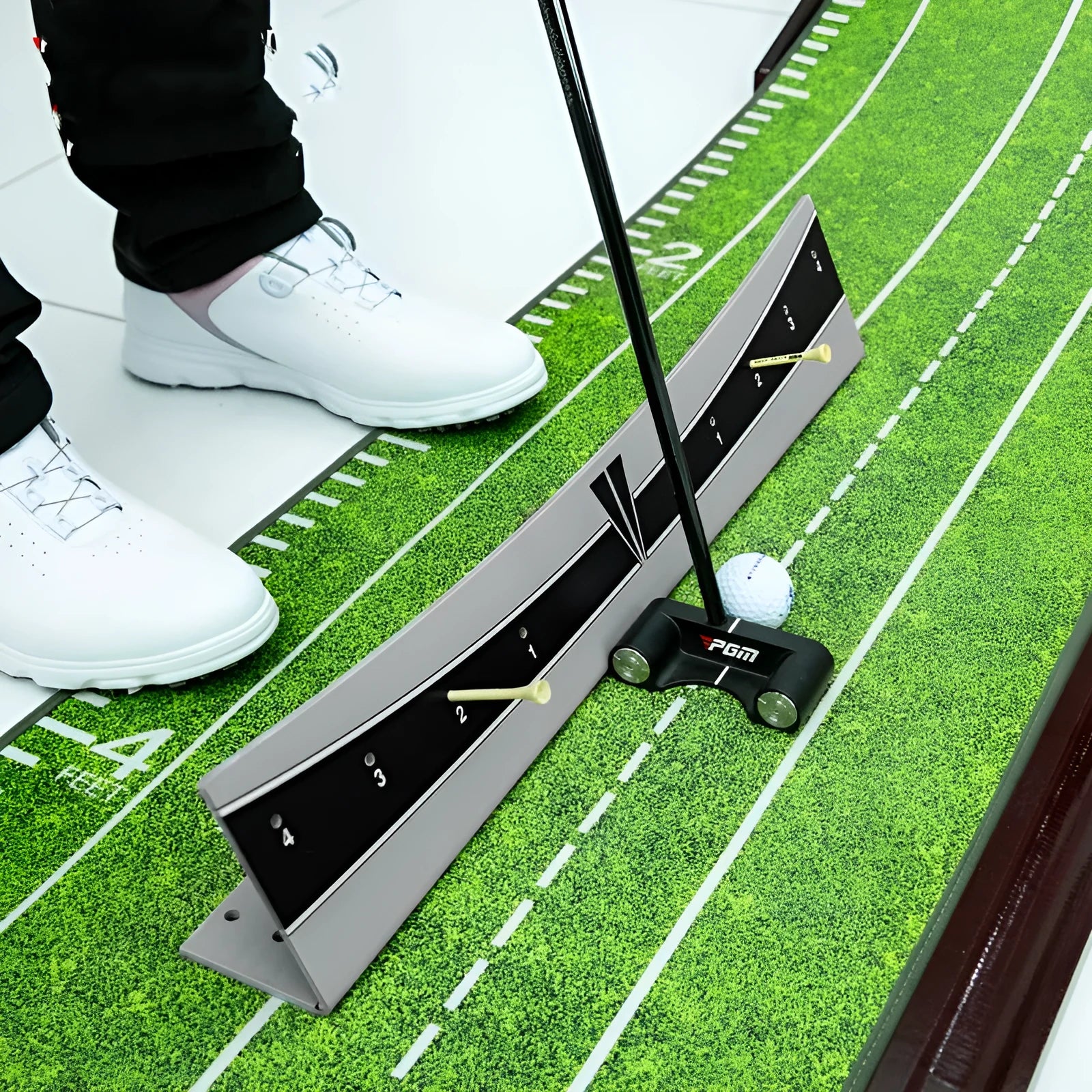 Adjustable golf putter balance simulator with PVC frame for stroke training.