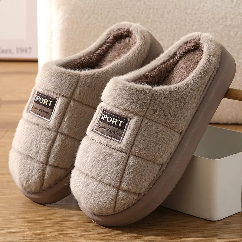 Men's plaid pattern slippers with thick sole and artificial wool lining in grey and brown colour options