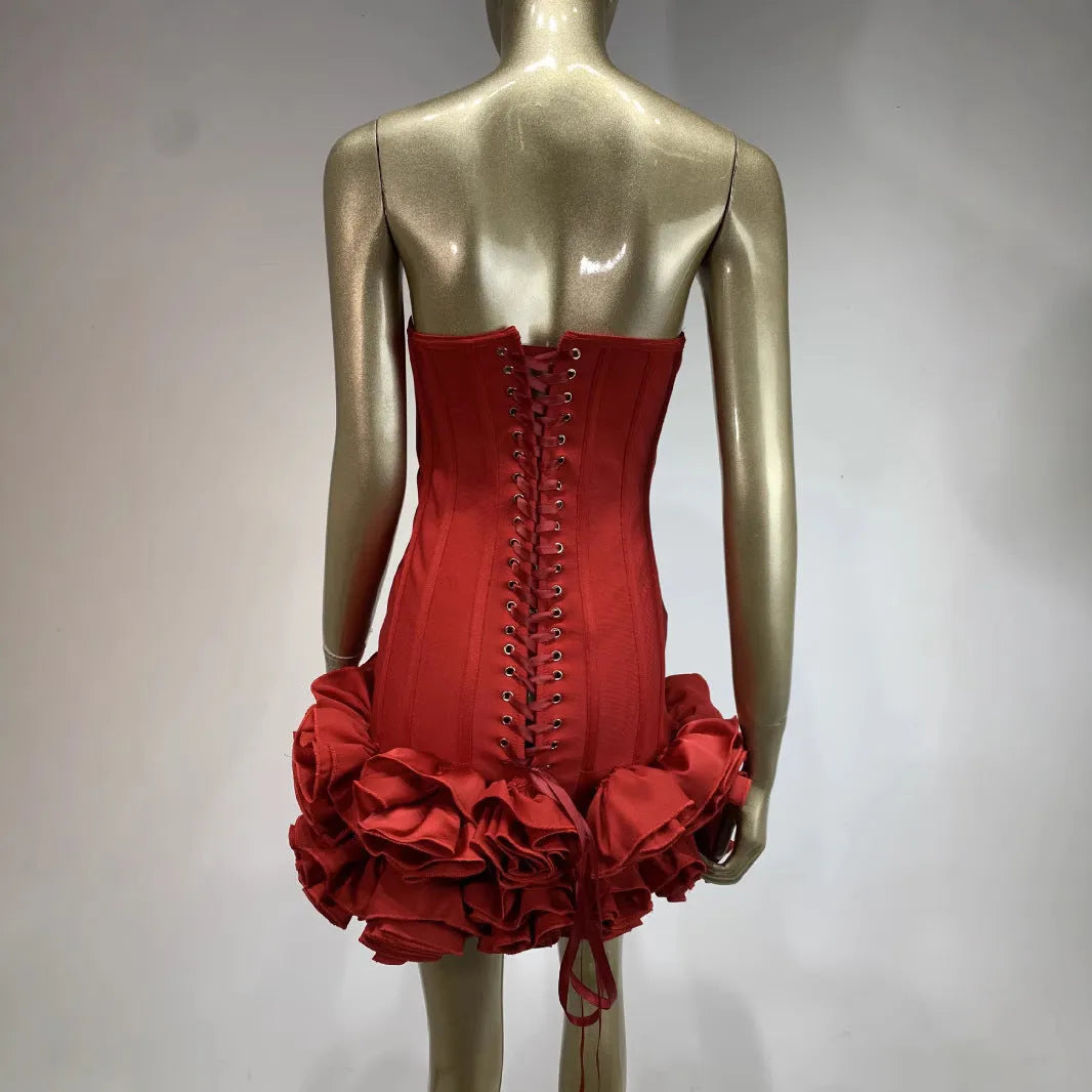 Women's solid colour polyester dress in red white or black with mid waist design