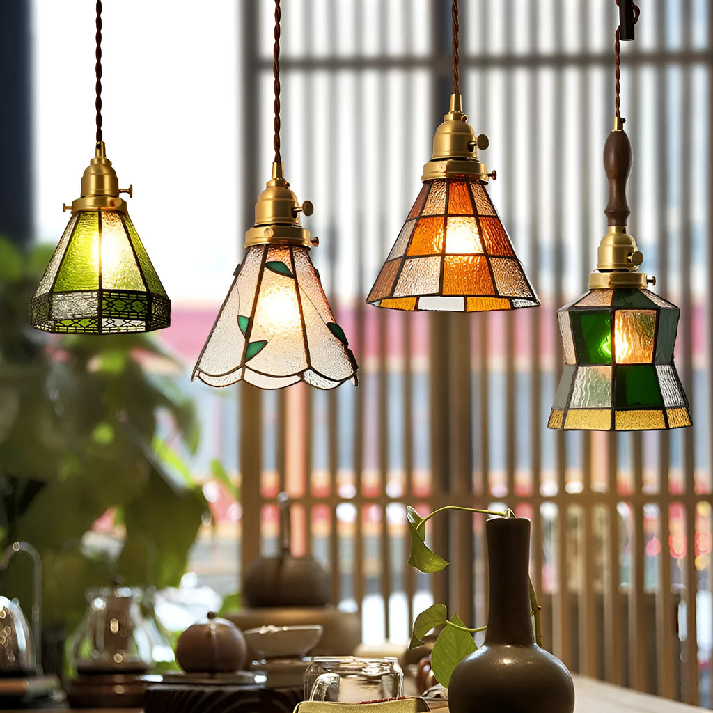 Japanese retro brass and glass chandelier with hand-blown shades and hemp rope hanging cord