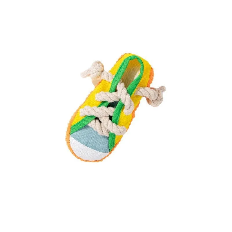 Yellow plastic dog chew toy with sound effects for molar relief and interactive play.