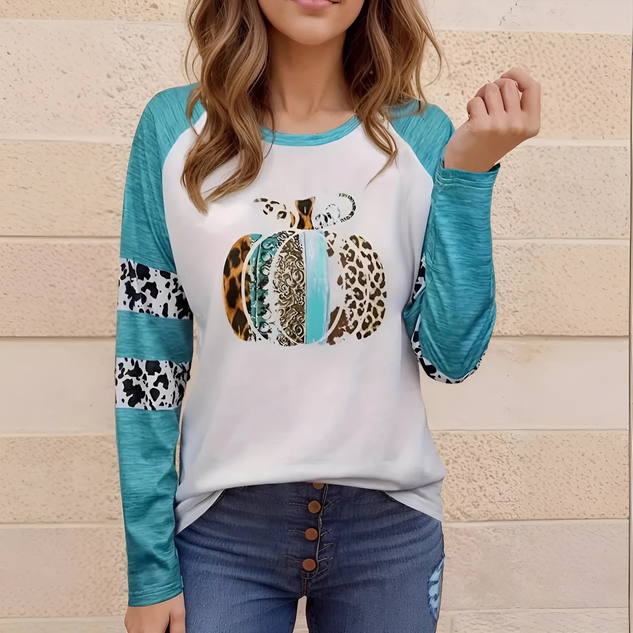 Sky blue polyester T-shirt with white 3D Halloween pumpkin print, long sleeve casual top