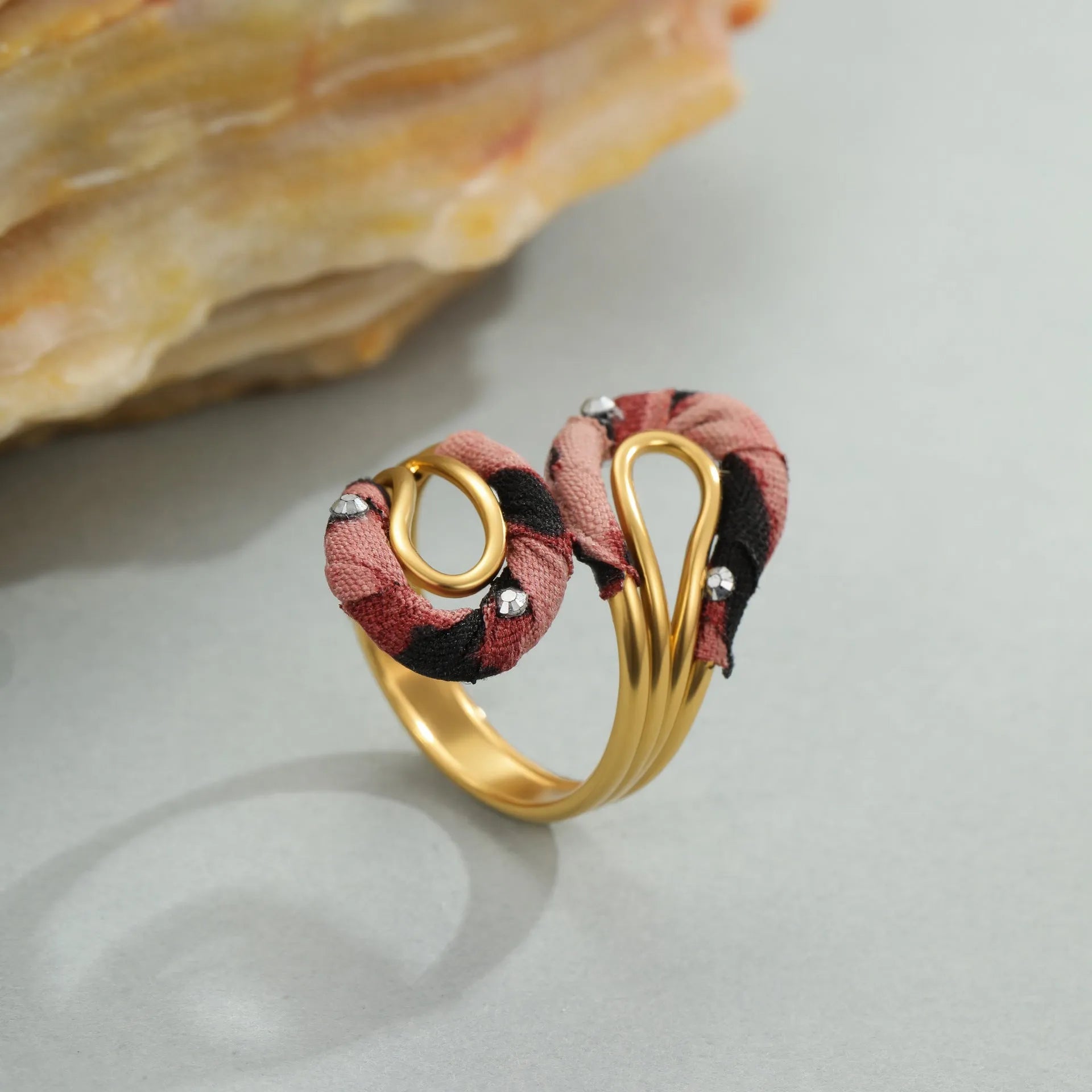 Leopard series stainless steel open mouth adjustable ring with geometric designs