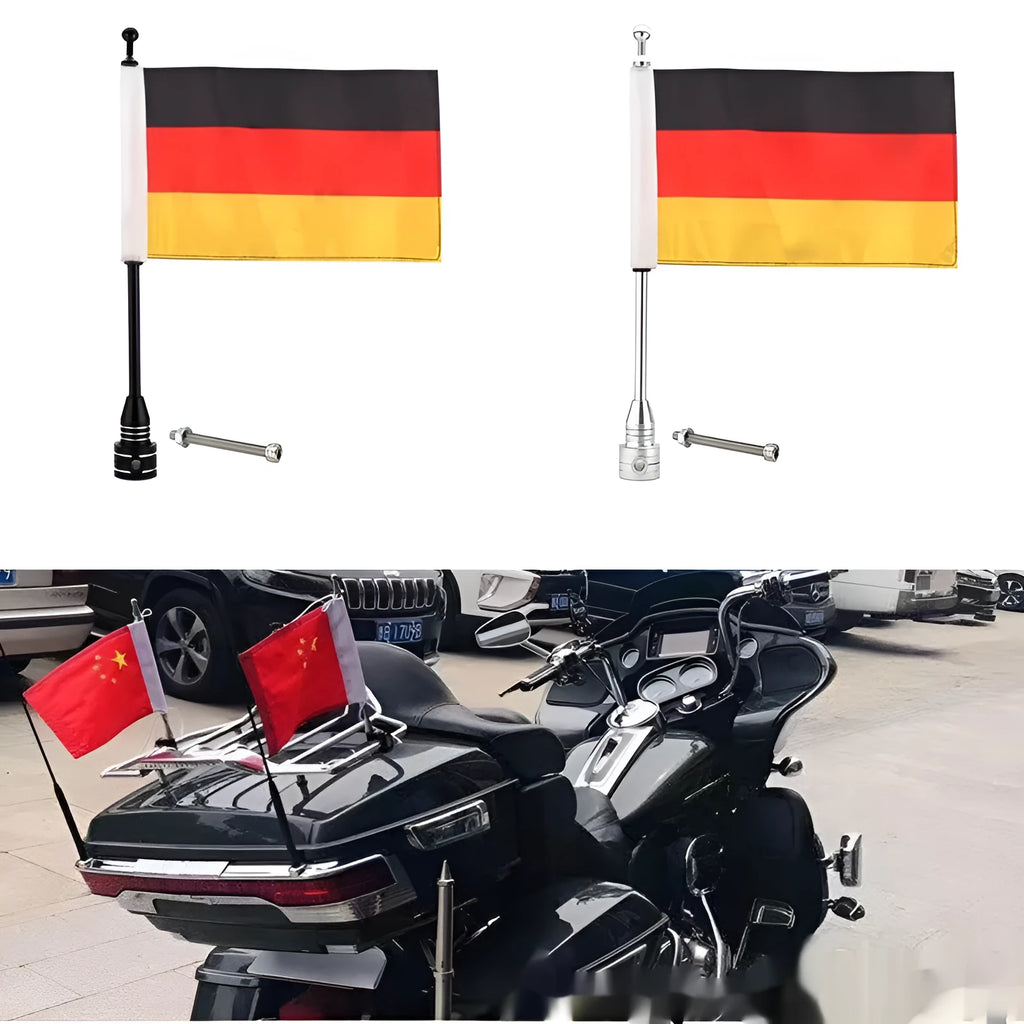 Motorcycle luggage rack flagpole mount in black and silver finish options