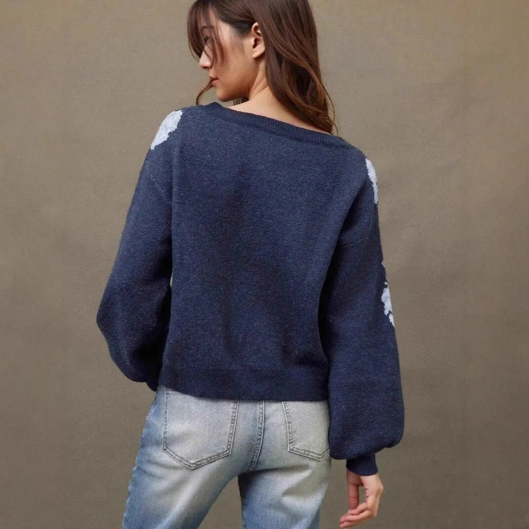 Sapphire blue women's pullover with floral jacquard pattern, loose fit with regular sleeves
