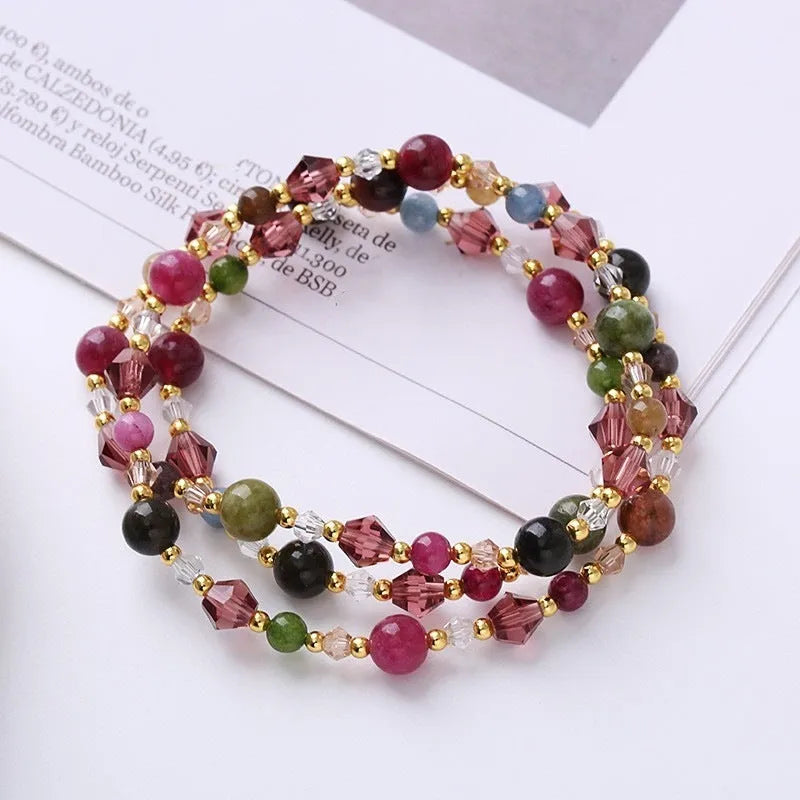 Women's adjustable three-ring bracelet with tourmaline, strawberry quartz, or amethyst gemstones and crystal beads