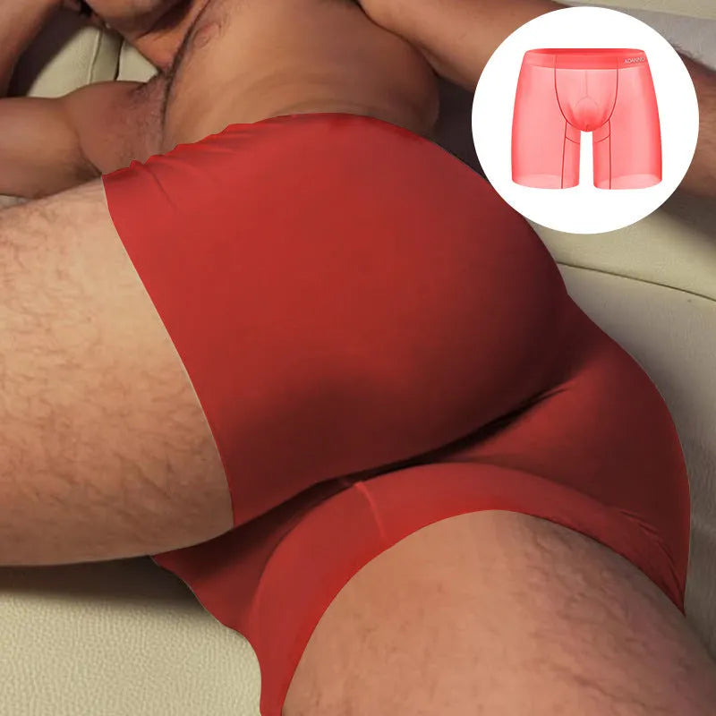 Seamless men's boxer shorts in quick-dry nylon fabric available in orange, pink, and red colours