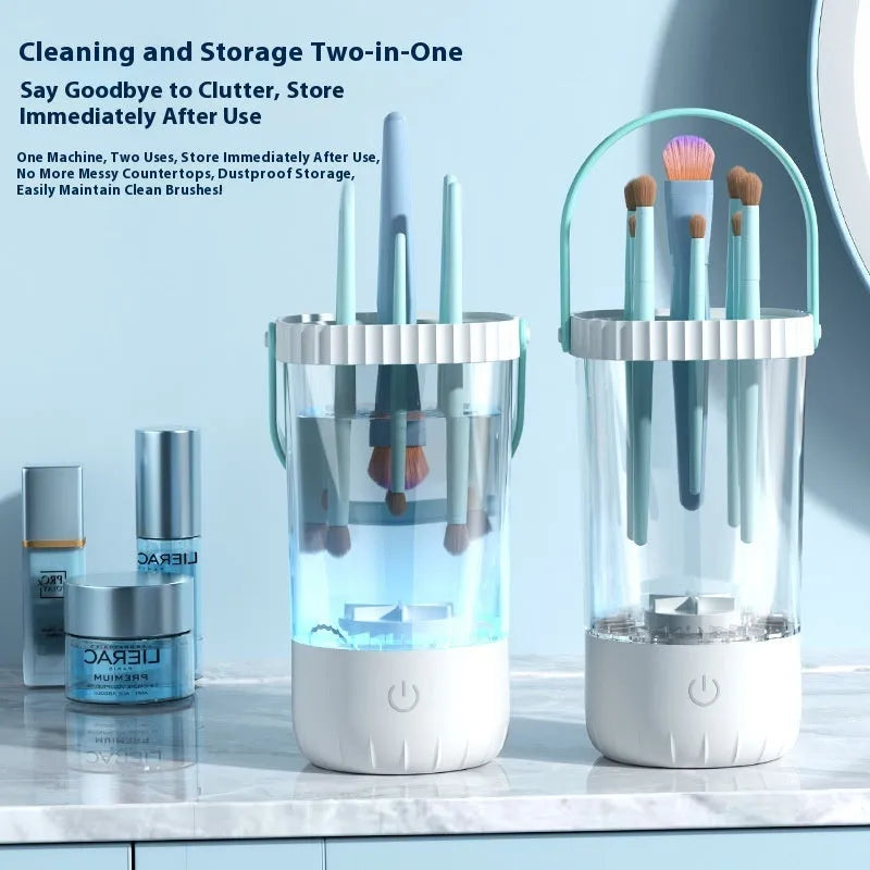 White plastic USB rechargeable electric makeup brush cleaner with compact 24x10x11 cm dimensions
