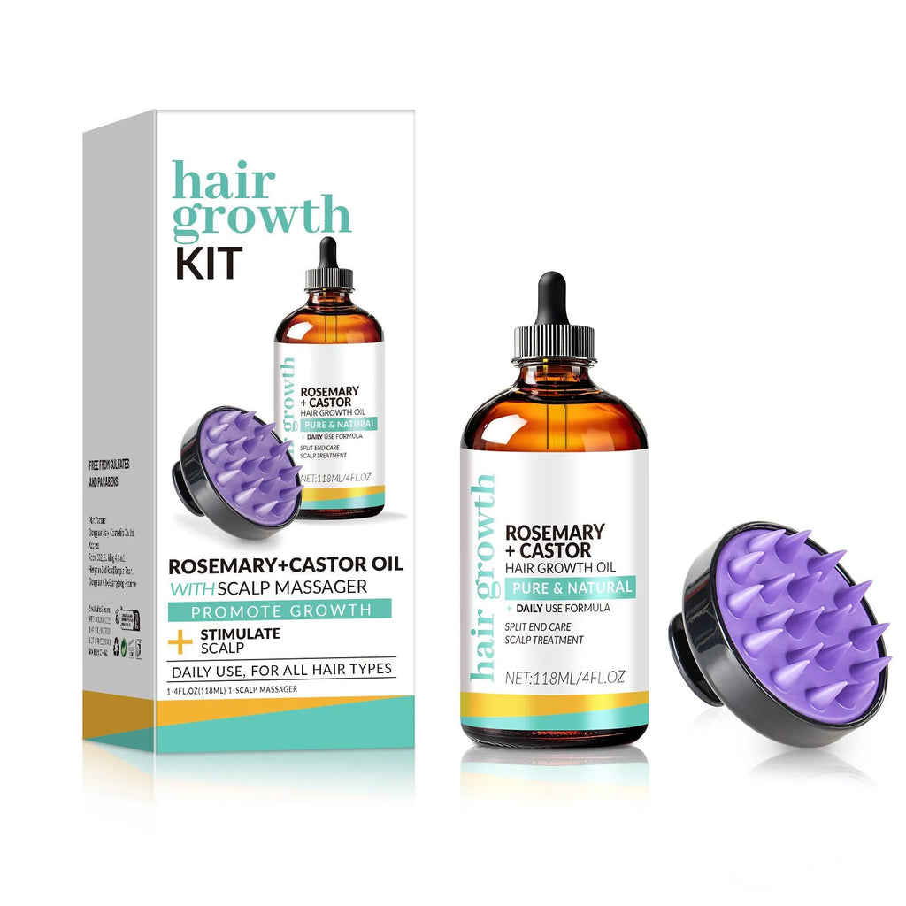 Hair treatment oil bottle with 118ml capacity and attached massage brush applicator