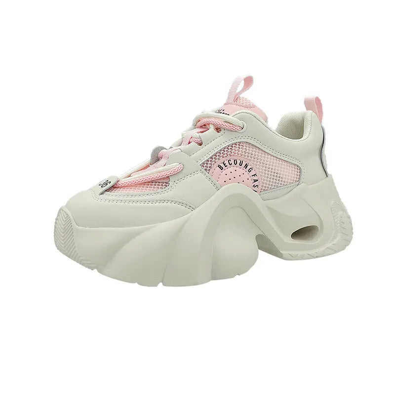Women's thick sole casual sneakers with cross shoulder straps in beige artificial PU with mesh lining