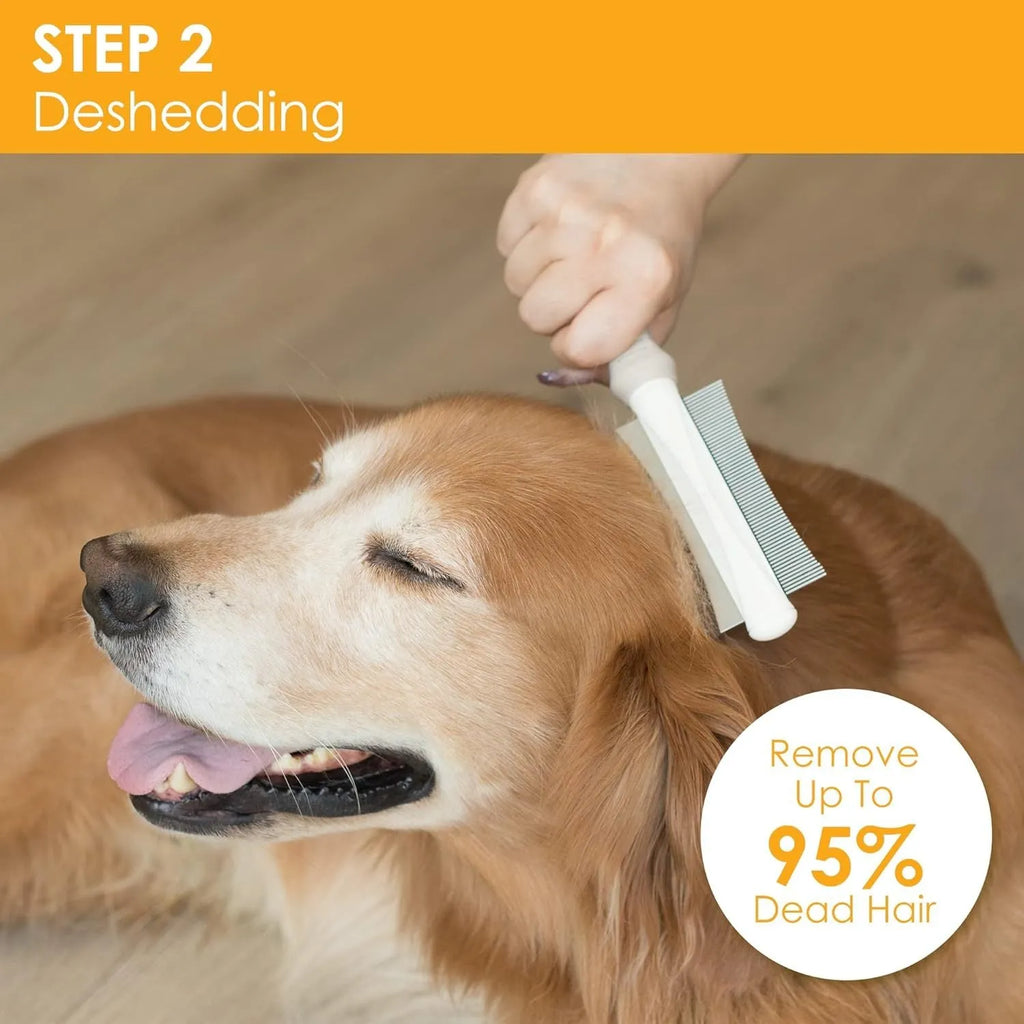 White double sided pet brush with grooming comb and deshedding brush head on an ergonomic handle.