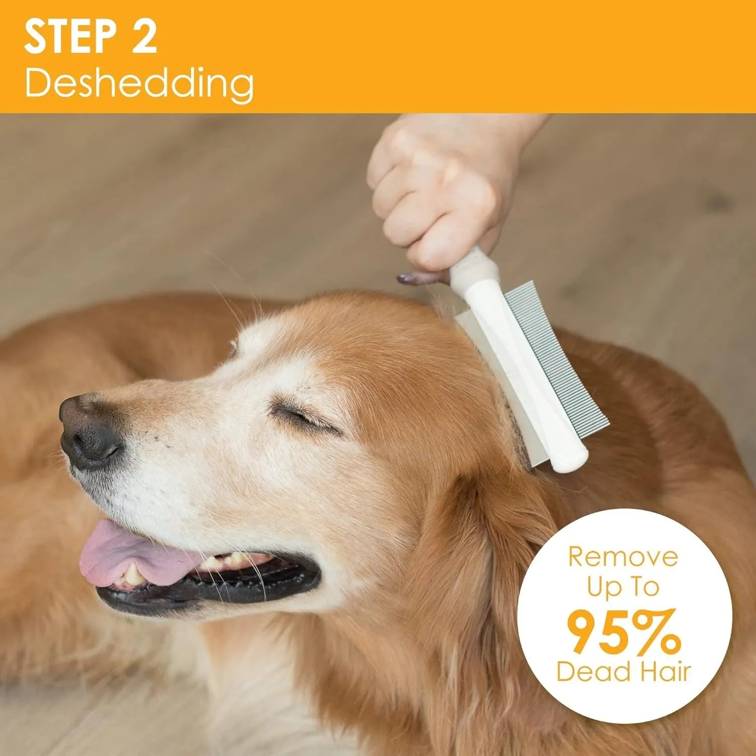 White double sided pet brush with grooming comb and deshedding brush head on an ergonomic handle.