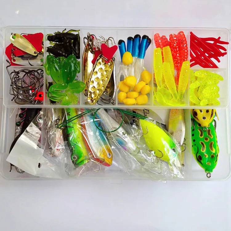 Fishing lure kit with 142 pieces including hard minnow lures, sequins, hooks, and metal fishing pliers on a blue background.