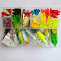 Fishing lure kit with 142 pieces including hard minnow lures, sequins, hooks, and metal fishing pliers on a blue background.
