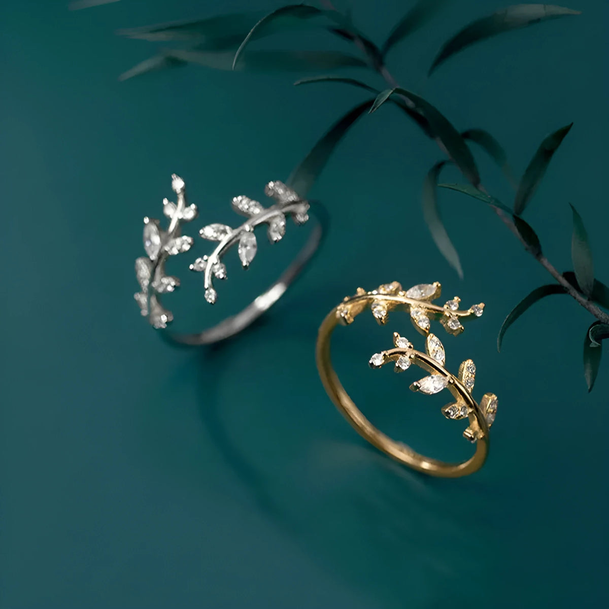 Copper leaf shaped ring with gold and silver electroplated finish for women fashion jewelry