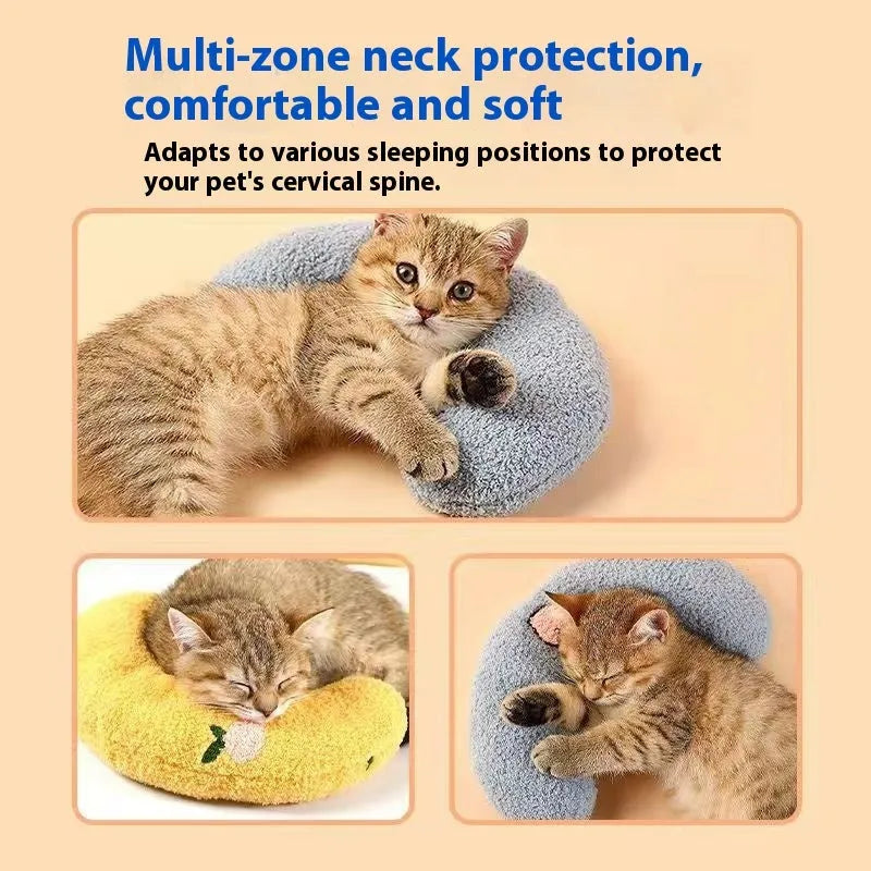 Blue U-shaped cat pillow with neck support in Question Mark style pet bed