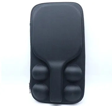 Black EVA pickleball storage bag with double shoulder straps, shown with a paddle and balls.
