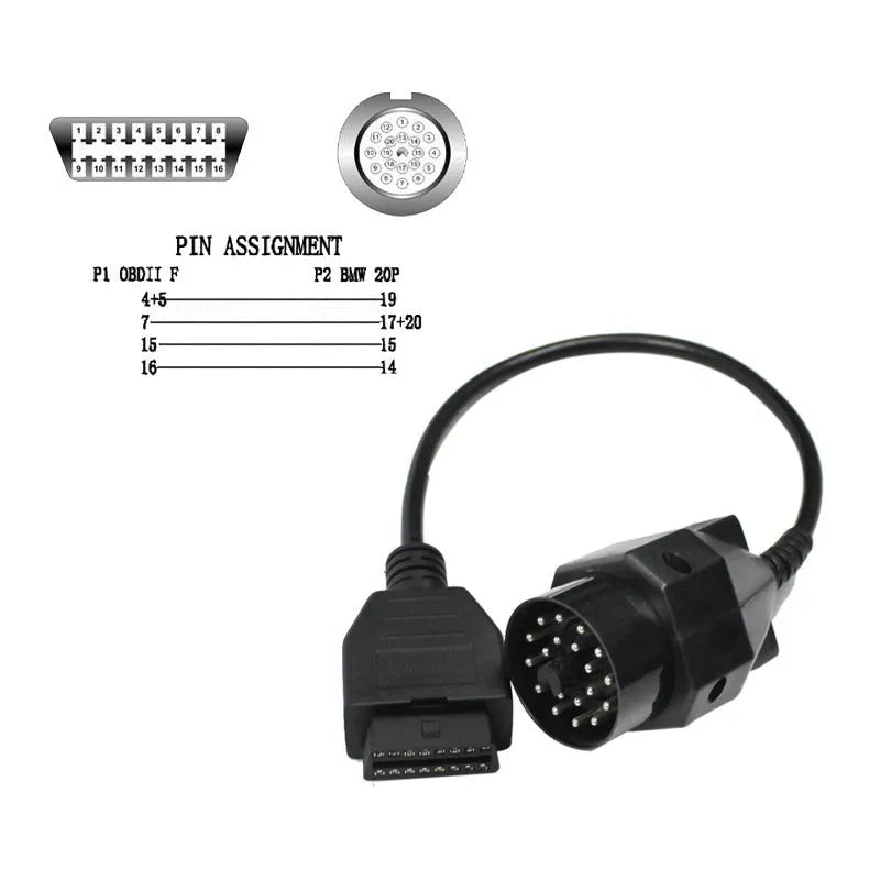 BMW 20-pin to standard 16-pin OBD2 diagnostic adapter cable on a white background.